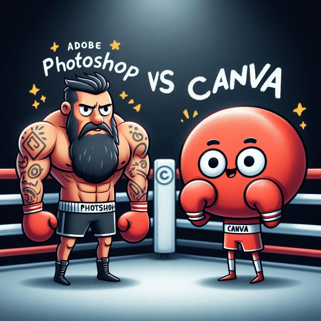 boxing ring with Photoshop as huge fighter against Canva depicted as a smaller goofy fighter